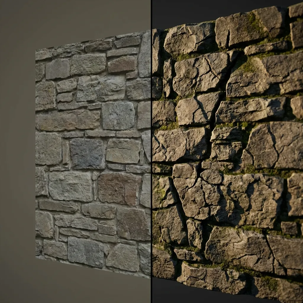 Comparison between flat texture and normal mapped texture showing realistic cracks and lighting