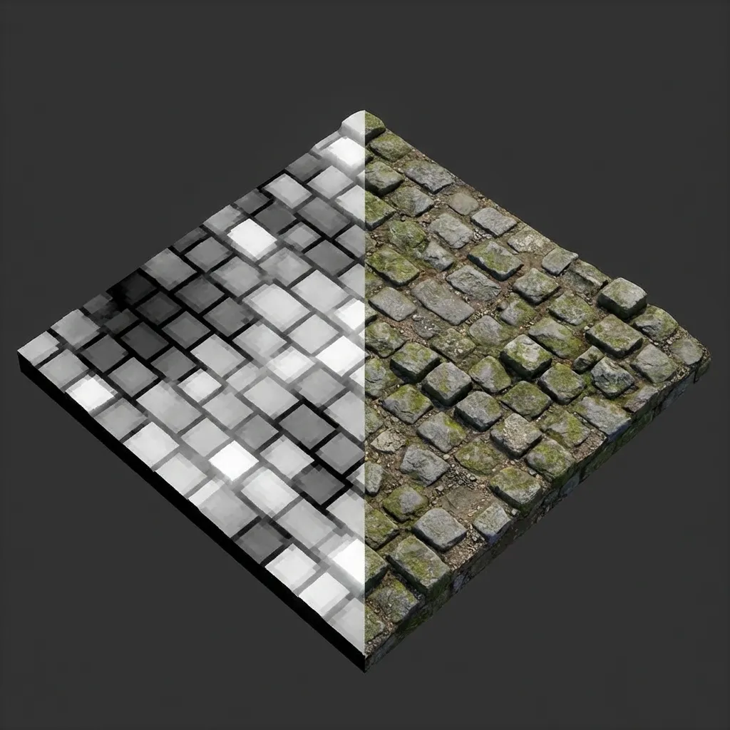 Split view: Grayscale height map data vs. Realistic 3D displacement of cobblestones