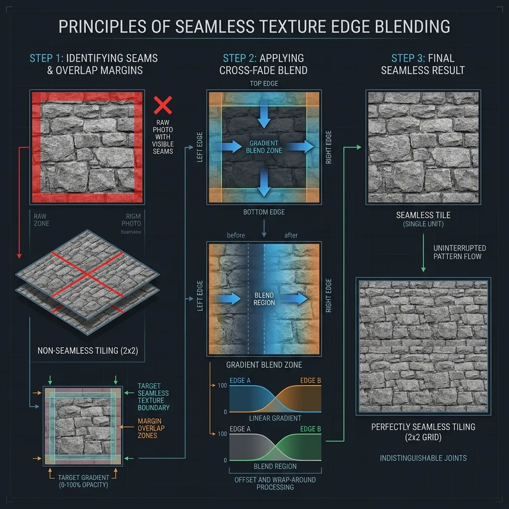 Technical diagram showing the three-step edge blending process for creating seamless tileable textures